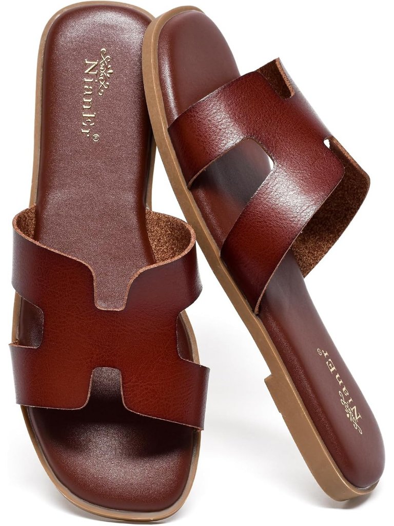 Nianer Women's Burgundy Leather Comfortable Casual Summer Flats Sandals Shoes